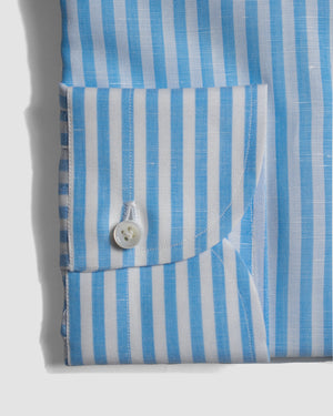 Spread Collar  Cotton-Linen Butcher Stripe Shirt (Zevi) | Sky Blue