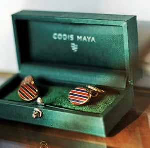 Open image in slideshow, Oval Stripe Cufflinks D/P Dark Red/Navy, Codis Maya - The Signet Store
