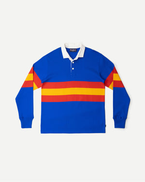 Open image in slideshow, 70s Stripe Rugby Shirt | Blue-Red-Gold Stripe
