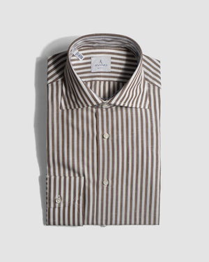 Open image in slideshow, Spread Collar  Cotton-Linen Butcher Stripe Shirt (Tudorlino) | Brown
