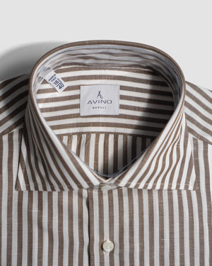 Spread Collar  Cotton-Linen Butcher Stripe Shirt (Tudorlino) | Brown