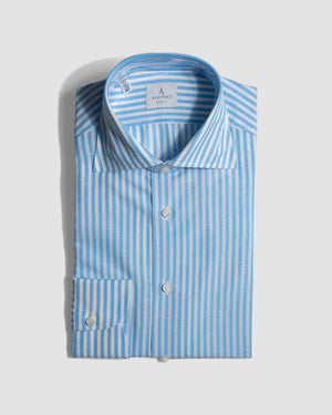 Open image in slideshow, Spread Collar  Cotton-Linen Butcher Stripe Shirt (Zevi) | Sky Blue

