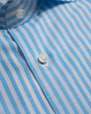 Spread Collar  Cotton-Linen Butcher Stripe Shirt (Zevi) | Sky Blue