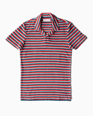 Open image in slideshow, Terry OB Stripe Towelling Polo | Summer Red/Marina Aqua
